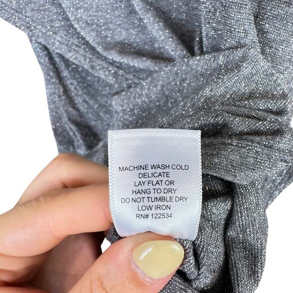 Lola & Sophie Gray Thin Knit Silver Metallic Long Sleeve Asymmetrical Fitted Top - Picture 12 of 12